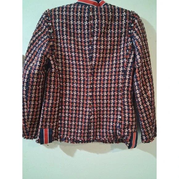 Zara Woman Tweed Blazer Jacket Navy Red White Pearl Button XS Metallic Plaid - Picture 7 of 10